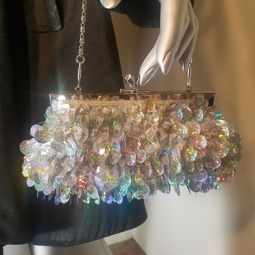 Women's Iridescent Shimmering Large Sequin Evening Bag  (8" w x 4" h)